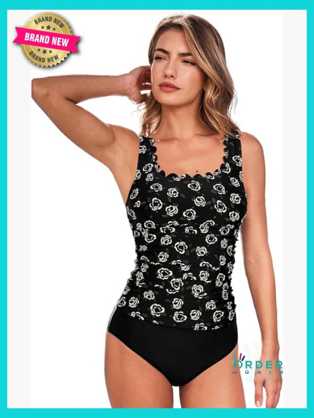 Scoop Neck Scallop Trim Tankini Set with Ruching Adjustable Straps
